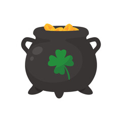 The green pot is full of gold coins. with good luck clover on st patrick festival