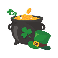 The green pot is full of gold coins. with good luck clover on st patrick festival