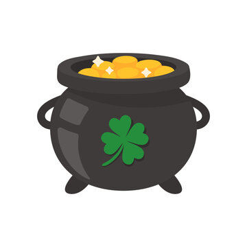 The green pot is full of gold coins. with good luck clover on st patrick festival