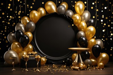 Fototapeta na wymiar Blank frame mockup with golden and black balloons and confetti, round frame on golden balloons and golden confetti, AI Generated