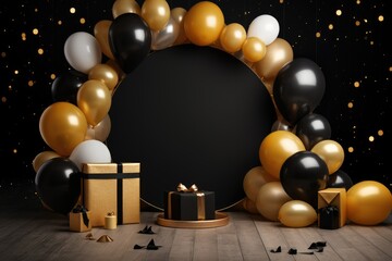 Fototapeta na wymiar Birthday frame with golden and black balloons and confetti, Blank frame on golden balloons and golden confetti with black background , AI Generated