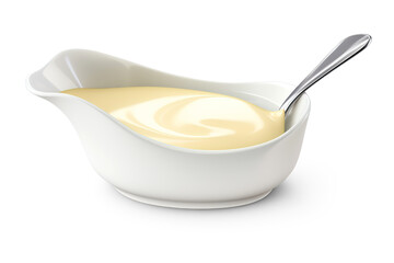 White sauceboat with condensed milk and spoon. Cut out on transparent - obrazy, fototapety, plakaty