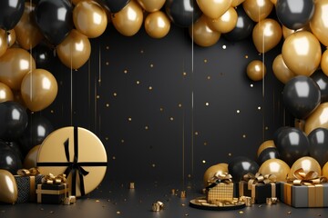 Birthday frame with golden and black balloons and confetti, Blank frame on golden balloons and...