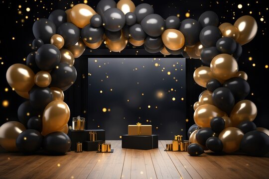 Birthday frame with golden and black balloons and confetti, Blank frame on golden balloons and golden confetti with black background , AI Generated