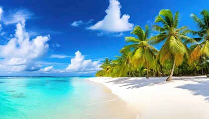 Tropical Beach Paradise with Lush Palm Trees and Clear Blue Water. An idyllic white sandy beach meets crystal clear waters under a bright blue sky dotted with clouds
