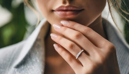 Woman's Hand Delicately Touching Her Face Showing Off Engagement Ring. A close-up shot of a woman's hand to her lips, highlighting a beautiful engagement ring on her finger