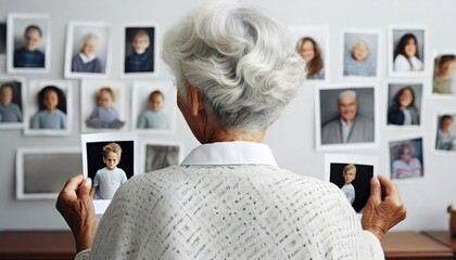 Elderly Woman Viewing Family Photos. Senior lady from behind looking at wall filled with framed...