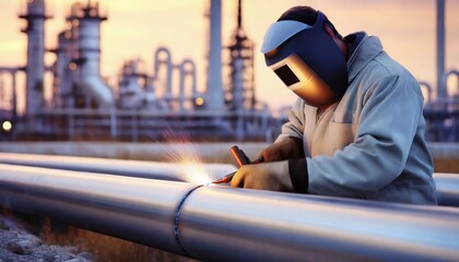 Welder at Industrial Site. Welder in protective gear working on pipelines against industrial backdrop