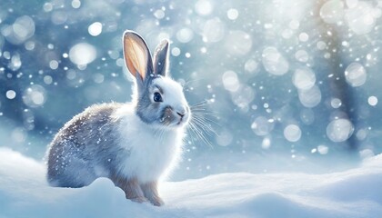 Snowy Rabbit Playtime. Rabbit hopping in the snow with a backdrop of soft winter bokeh