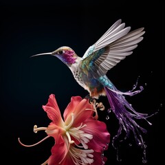 Fototapeta premium A bright hummingbird near a blooming orchid ai generated