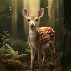 Photo of cute baby deer standing in forest ai generated