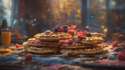 Delicious stack of waffles with fresh berries and syrup