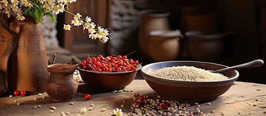 Healthy cereals and buckwheat seeds in a village kitchen, with dry groats and blossoms nearby.