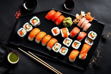 Assorted sushi rolls on black plate with chopsticks and soy sauce