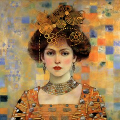 queen wearing jewelled crown, colourful, klimt