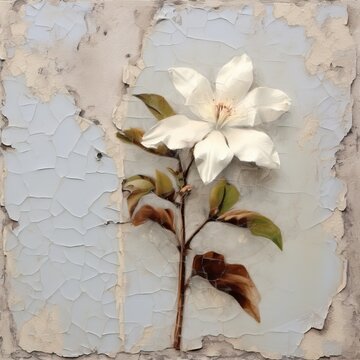 wallflower, white gouache on cracked plaster, muted colors