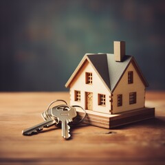 Small house with keys on a wooden background. The real estate concept, AI-generated