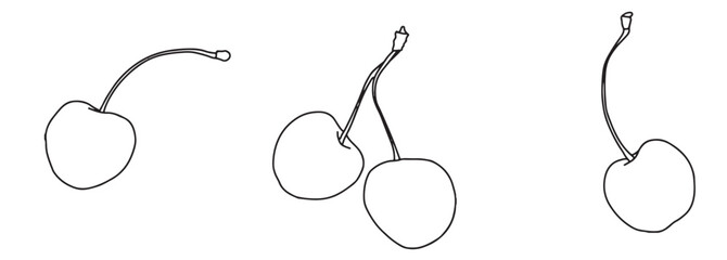 Cherry vector drawing set. Isolated hand drawn berry on white background. Summer fruit. Bundle with outline drawing. Sketch in line art style painted by black inks.