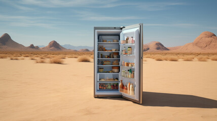 Open refrigerator with drinks and food in the desert - obrazy, fototapety, plakaty