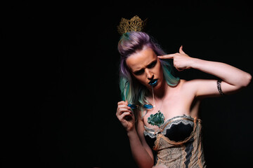 A Regal Woman with Vibrant Purple Hair and a Crown. A woman with purple hair and a crown on her head