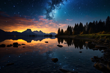 Scenic view of lake against sky at night