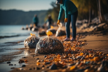 Environmental volunteers collect garbage at the beach