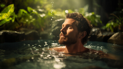 handsome man with beard in a swimming pool, hot tub, surrounded by nature in a spa or sauna