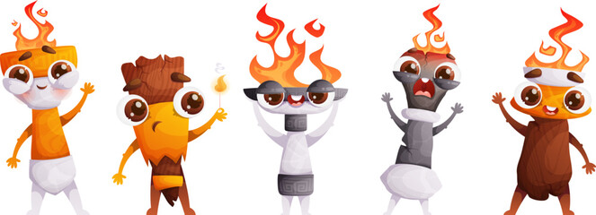 Set of five cute characters Medieval torches with burning flames. Emotional Antique torches of different shapes with fire. Symbol of the Olympics. Cartoon style.