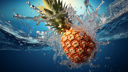 Fresh pineapple falls under blue water, with splashes and air bubbles - obrazy, fototapety, plakaty