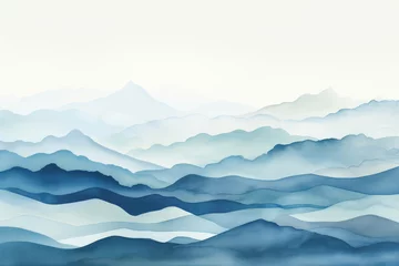 Fotobehang Background art hill view mountains landscape illustration watercolor nature background blue sky drawing © VICHIZH