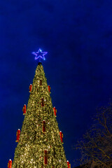 leuchtender Weihnachtsbaum mit Stern im blauen Nachthimmel