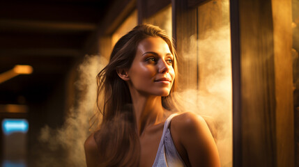 Fototapeta na wymiar beautiful caucasian woman relaxing in a steam sauna