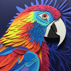 Generative AI illustrations, Cartoon parrot bird in trendy paper cut craft graphic style.