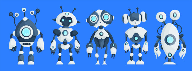 Set of Five Modern Robots Isolated on Blue Background Cute Character Cartoon Artificial Intelligence Concept Flat Vector