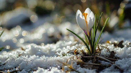 Spring flowers - white crocuses bloom in the forest on a sunny day. Snow shiny cover melts near flower, banner