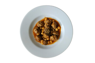 Soured meatballs with chickpeas for the lunch menu in a student cafeteria
