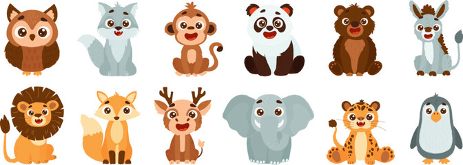 Set of cute wild animals including lion, fox, deer, elephant, tiger, penguin, owl, wolf, monkey, panda, bear and donkey. Vector children's style illustration of forest animals.