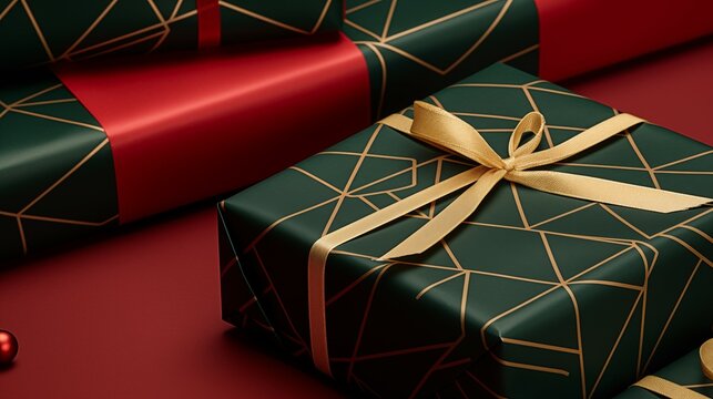  a minimalist wrapping paper design in traditional holiday colors like red, green, and gold, a contemporary and joyful tone