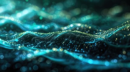 Abstract wave of blue and green particles on a dark background.