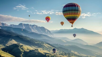 Colorful hot air balloons flying over a mountain landscape