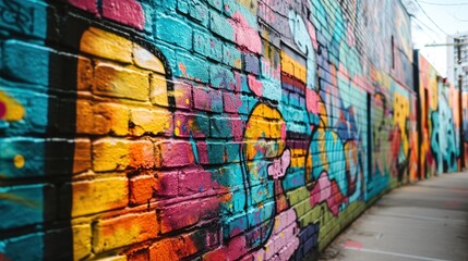 Naklejka premium Colorful street art mural on an urban wall, vibrant and creative graffiti.