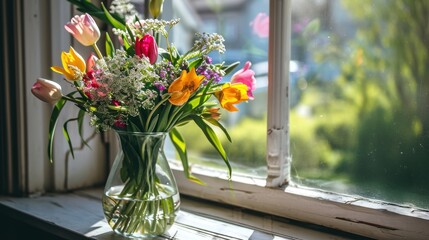 Fresh spring flowers in a vase on a sunny windowsill