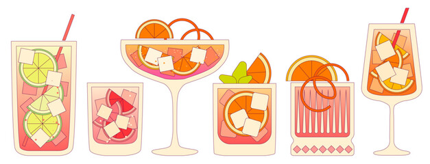 Vector flat illustration with gradient and outline. Alcohol cold drink with citrus fruits lime and orange. Cocktail set in glass. Liquid in tall and tumbler glass. Margarita. Mocktail beverage for bar