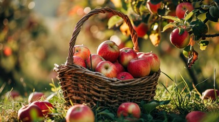 Freshly harvested apples in a rustic basket on a farm