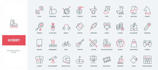 Hobby, sport and fun leisure line icons set. Symbols of weekend activity and lifestyle, music and yoga, entertainment and travel, painting and writing thin black and red outline vector illustration