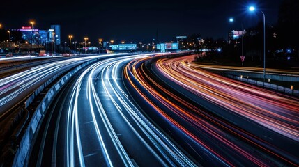 Light trails of cars on a busy highway at night.