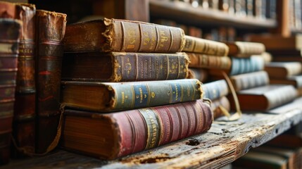 Old books stacked on a wooden shelf