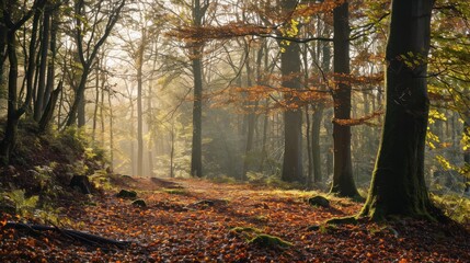 Tranquil forest landscape in autumn, with a carpet of fallen leaves and soft sunlight filtering through trees.