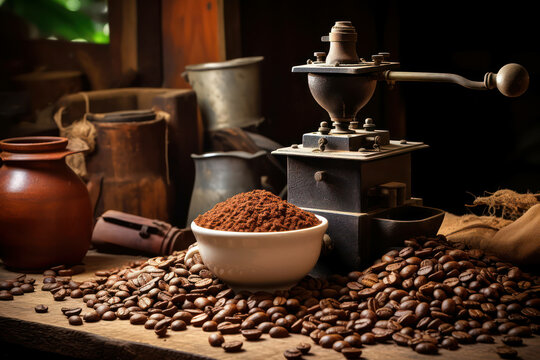 Wooden background cafe morning aroma background roast brown beans coffee natural caffeine drink black