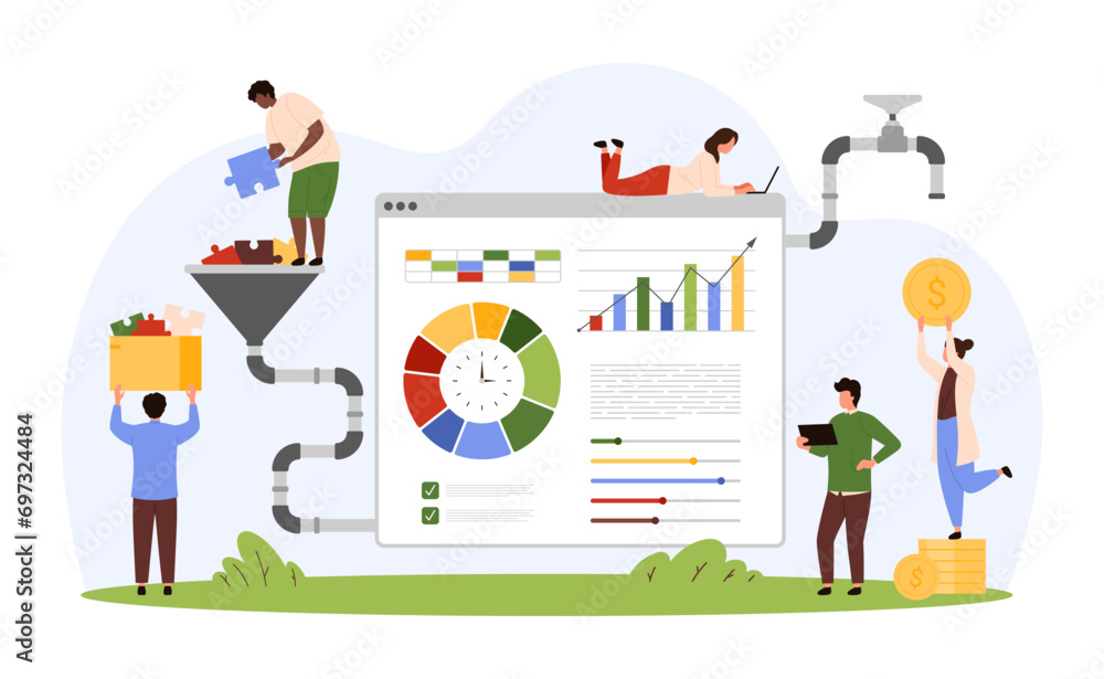 Aufkleber data analysis, analytics and audit. tiny people putting puzzle pieces into filter funnel for convers